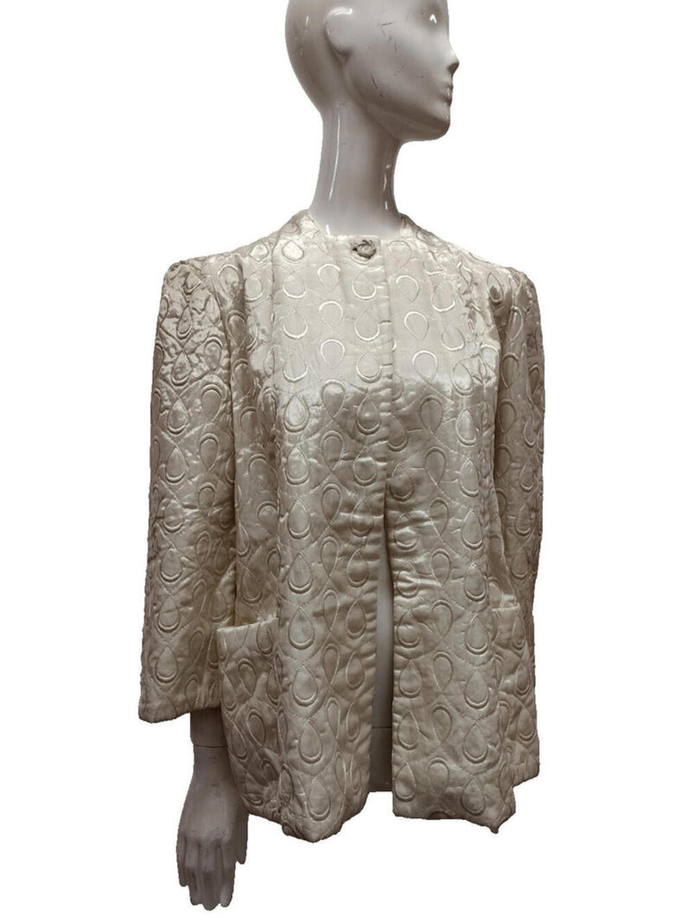 40s Ivory Quilted Rayon Jacket JOAN CRAWFORD Big Shoulders Elegance Lounge Wear